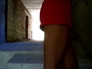 Red panties under the red mini skirt, climb the stairs